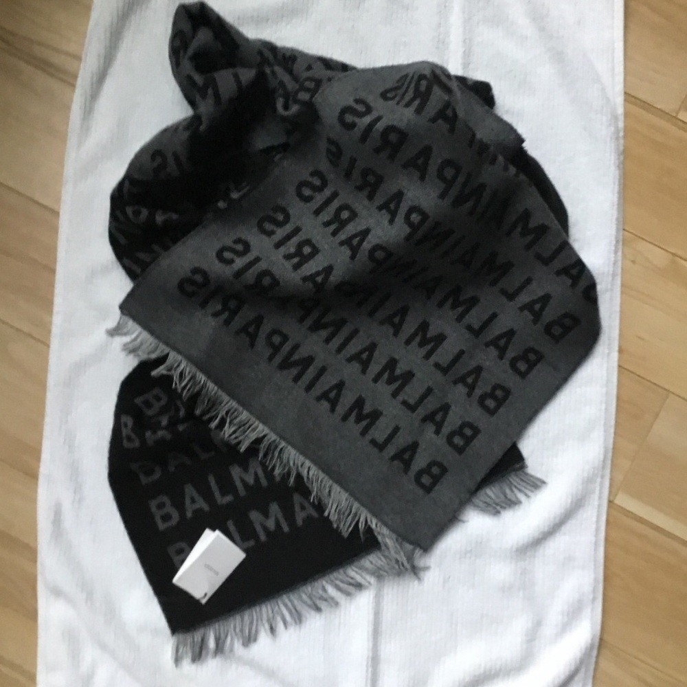 Balmain Black and Gray Logo Scarf unisex 200cm long